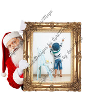 Digital Background Template - Virtual Santa Claus - Santa Peeking Classic Christmas Gold Picture Frame - Add Your Own Backdrop and Picture - Loved by Lori Maye #