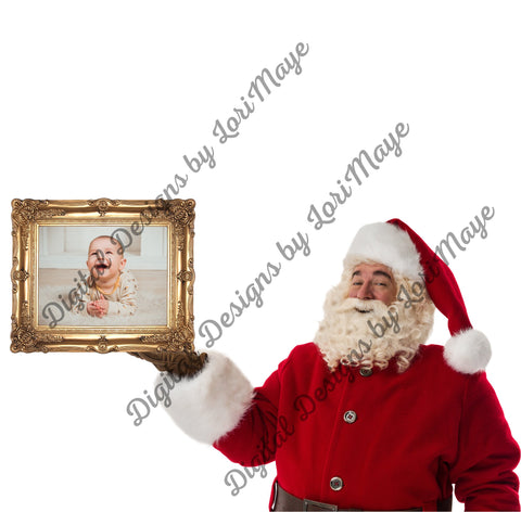 Digital Background Template - Virtual Santa Claus - Santa Holding Classic Christmas Gold Picture Frame - Add Your Own Backdrop and Picture - Loved by Lori Maye #