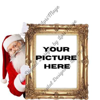 Digital Background Template - Virtual Santa Claus - Santa Peeking Classic Christmas Gold Picture Frame - Add Your Own Backdrop and Picture - Loved by Lori Maye #
